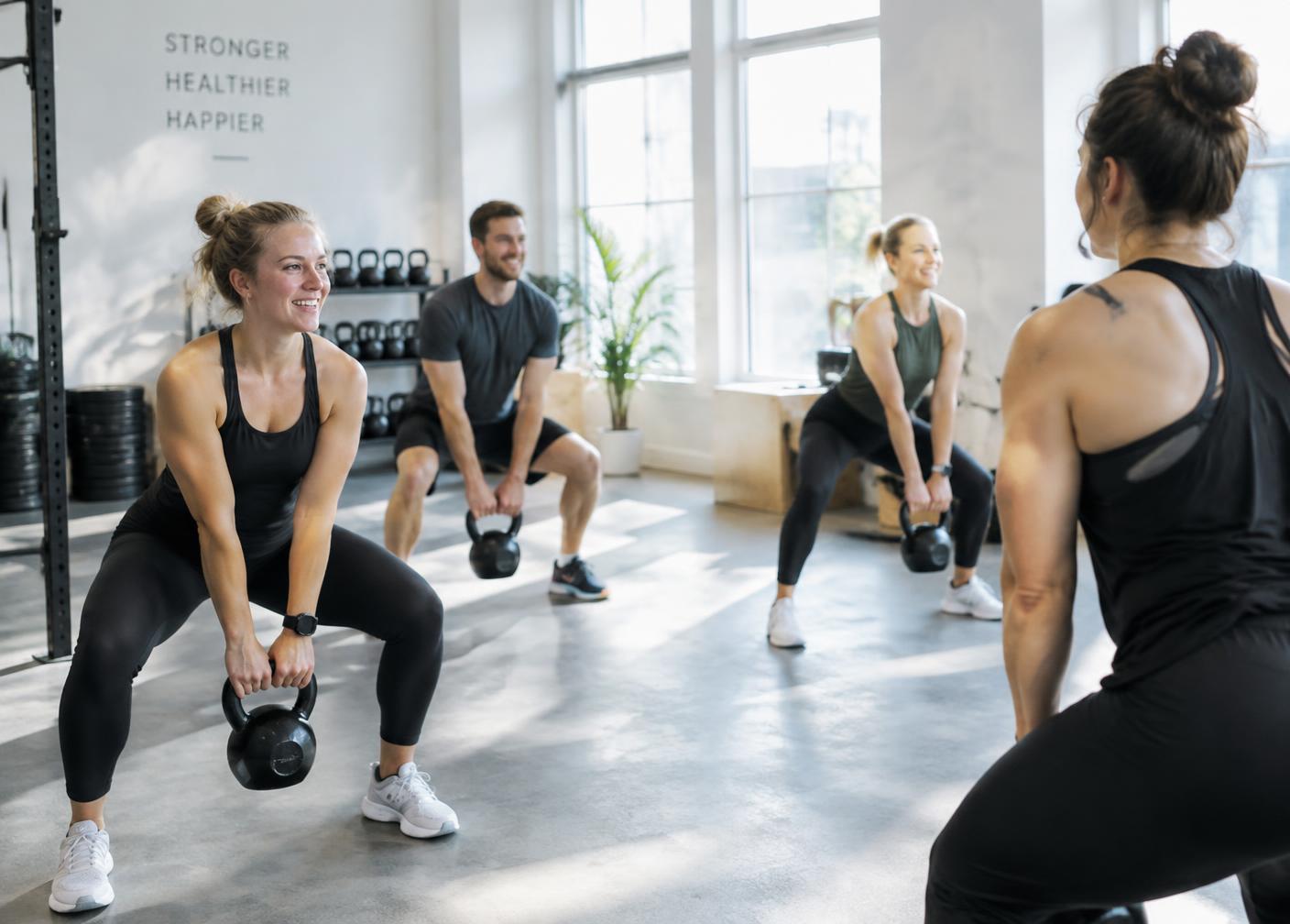 Grupp med vuxna som gör kettlebellövningar i ett gym